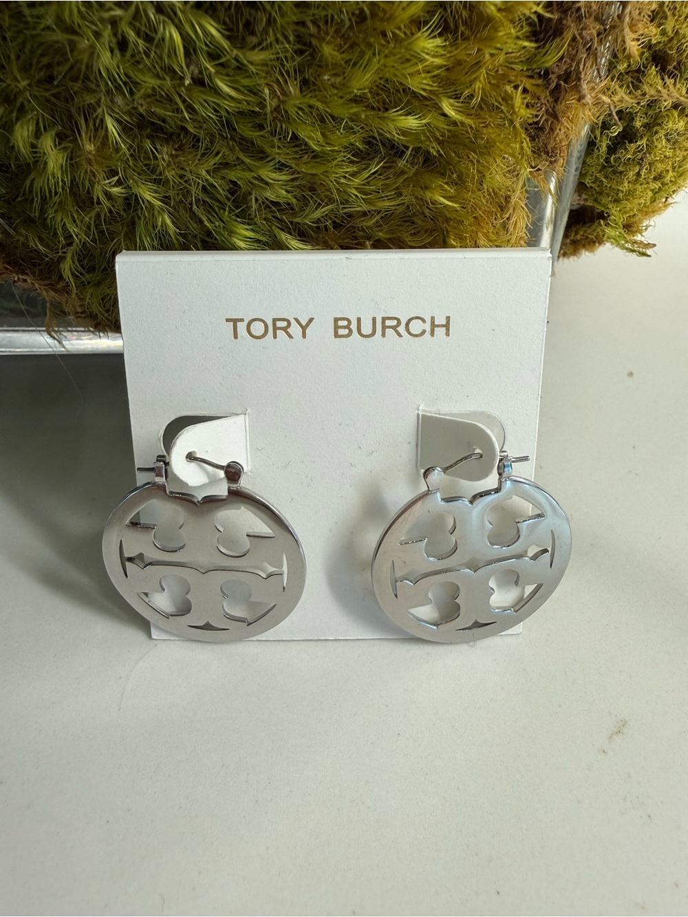 Tory Burch Miller Polished Silver Logo Disc Hoop Earrings